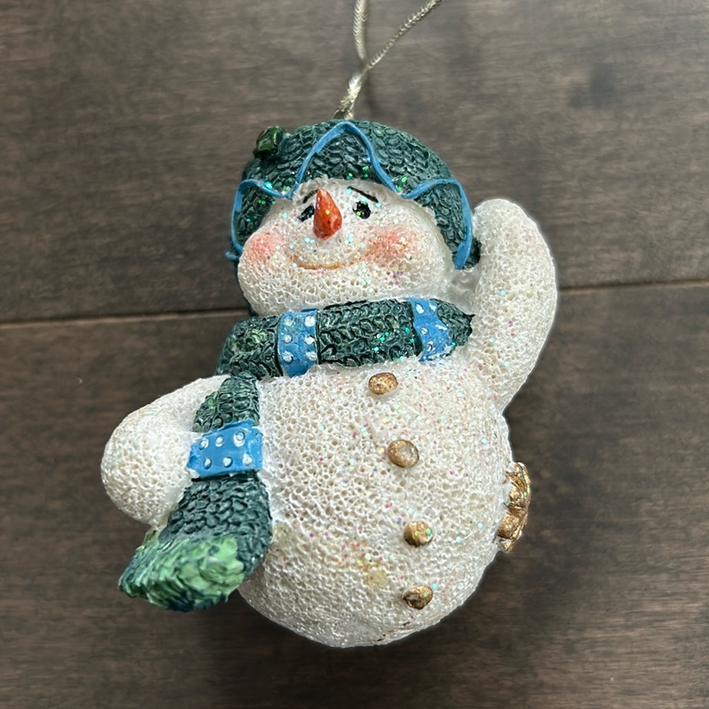 Ceramic Snowman Holiday Ornament, Christmas Tree Decor, Blue Green Round Scarf